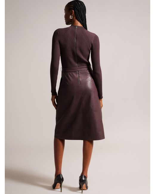 Ted Baker Brown Alltaa Knitted Bodice Dress With Faux Leather Skirt
