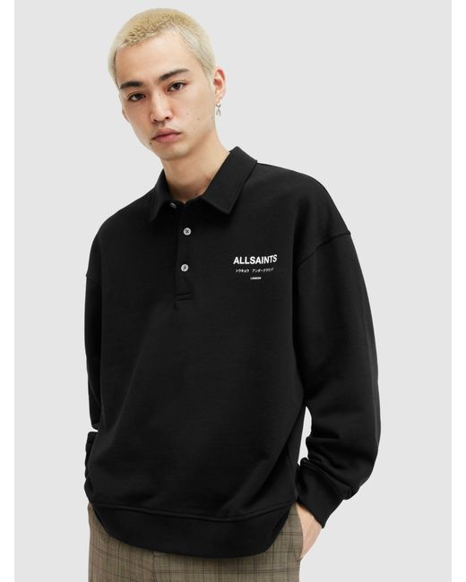 AllSaints Black Underground Organic Cotton Long Sleeve Polo Shirt for men