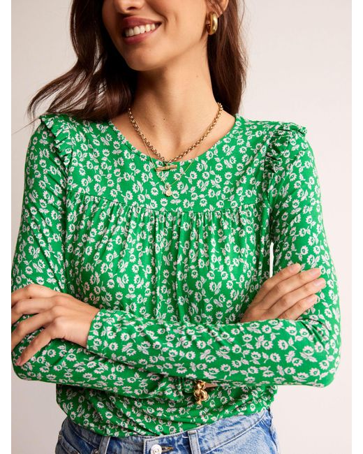 Boden Green Frill Ditsy Bud Floral Top