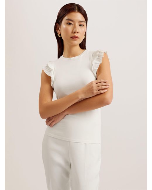 Ted Baker White Marhlou Frill Sleeve Ribbed Top