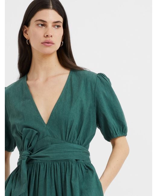 Great Plains Green Crinkle Cotton V-neck Midi Dress