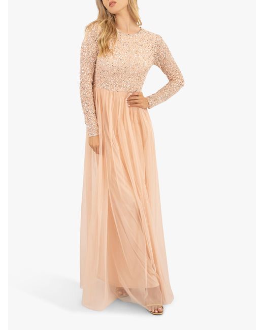 LACE & BEADS Natural Belle Embellished Long Sleeve Mesh Maxi Dress