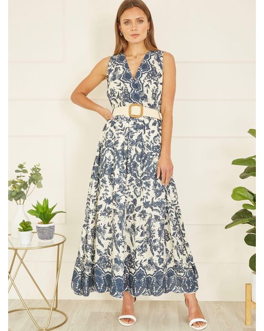 Yumi' Blue Cotton Floral Border Midi Dress