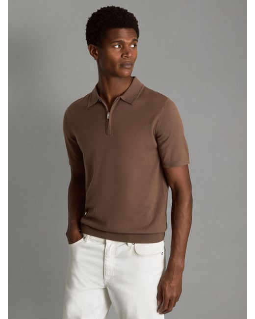 Reiss Brown Maxwell Merino Zip Neck Polo Shirt for men