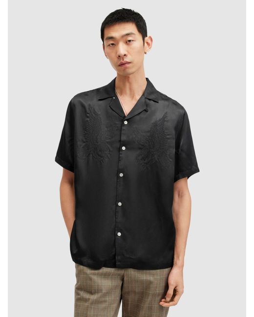 AllSaints Black Aquila Eagle Embroidered Relaxed Fit Satin Shirt for men