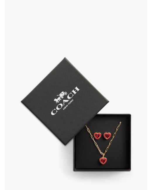 COACH Metallic Enamel Heart Gold-tone Necklace And Earring Boxed Set