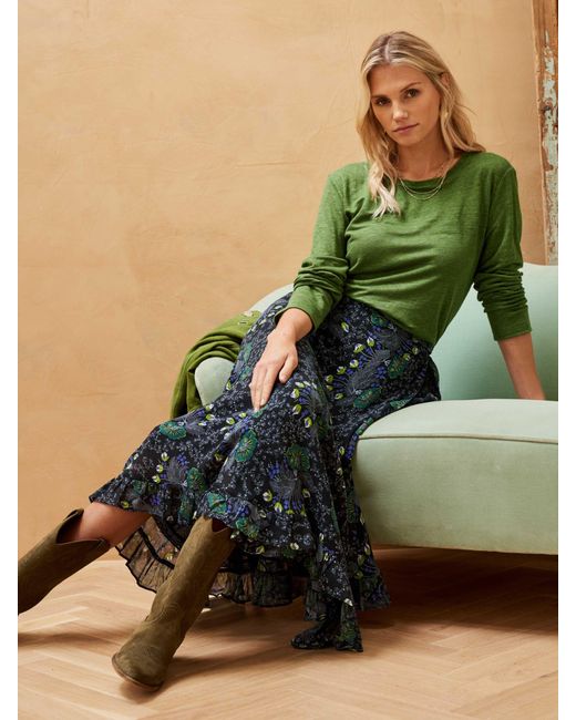 Brora Green Silk Passion Flower Wrap Midi Skirt