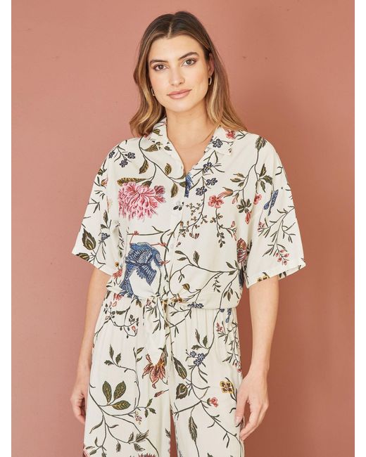 Yumi' Multicolor Bird And Floral Print Tie Front Shirt