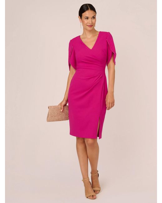 Adrianna Papell Pink Knit Crepe Pearl Trim Knee Length Dress