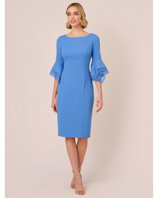 Adrianna Papell Blue Knit Crepe Tiered Sleeve Dress