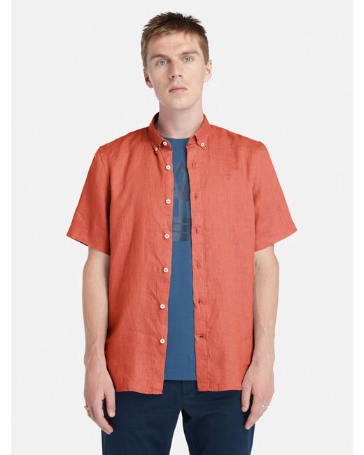 Timberland Red Linen Slim Fit Short Sleeve Shirt for men