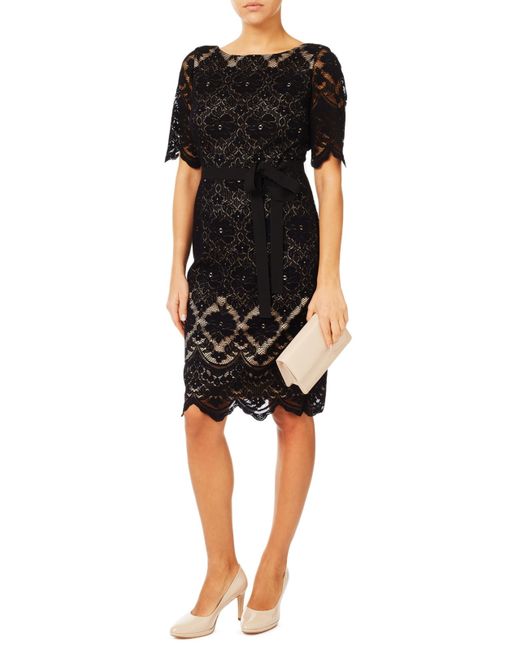 Womens Round Neck Elbow-length Sleeve Lace Dress, Contrasting Lace Dress With Openwork Details Black