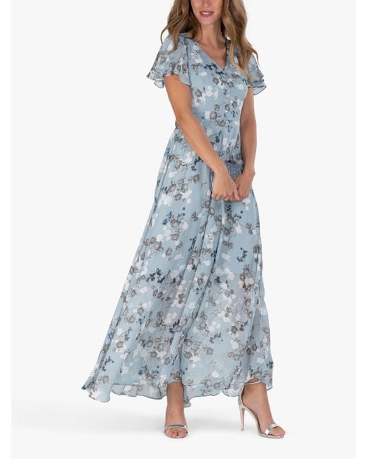 Jolie Moi Gray Cross Flare Sleeve Floral Maxi Dress