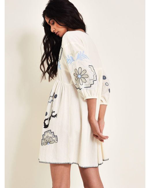 Monsoon White Hallie Embroidered Cotton Mini Dress