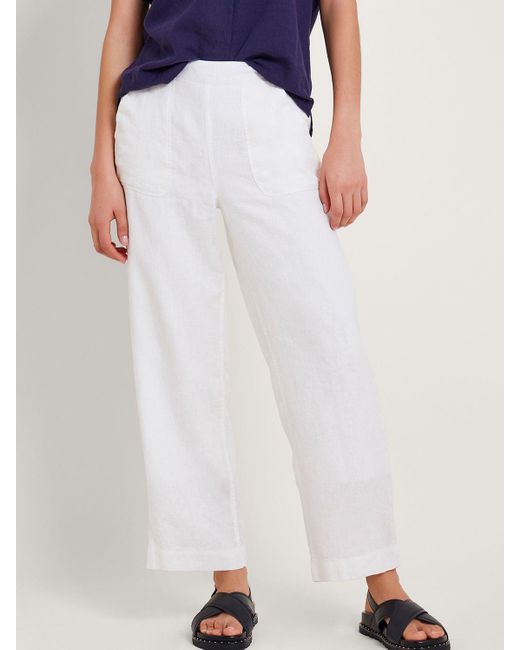 Monsoon White Parker Linen Cropped Trousers