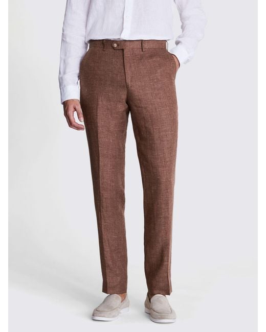 Moss Bros Brown Tailored Fit Linen Trousers for men