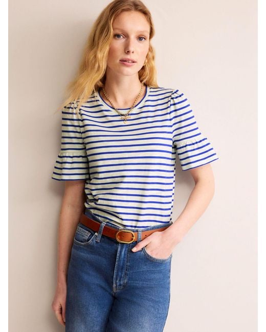 Boden Blue Frill Sleeve Striped T-shirt