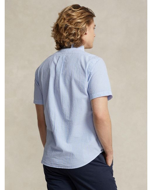 Polo Ralph Lauren Blue Custom Fit Striped Seersucker Shirt for men