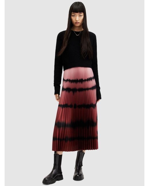 AllSaints Red Curtis Ombre Pleated Skirt 2-in-1 Midi Dress