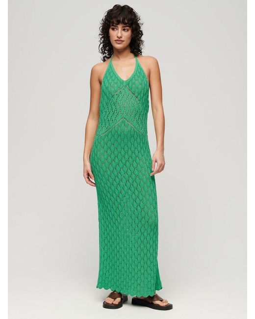 Superdry Green Crochet Halterneck Maxi Dress