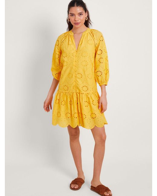 Monsoon Yellow Tilly Broderie Cotton Mini Dress
