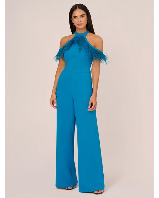 Adrianna Papell Blue Adrianna By Feather Trimmed Stretch Crepe Jumpsuit