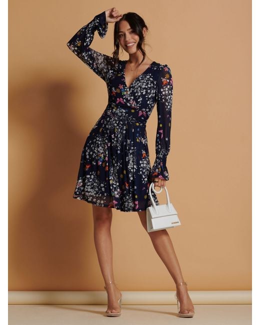 Jolie Moi Floral Print Long Sleeve Skater Dress in Blue | Lyst UK