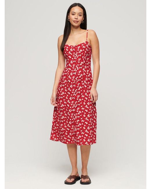 Superdry Red Floral Print Button-up Cami Midi Dress