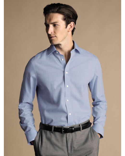 Charles Tyrwhitt Blue Key Check Non-iron Poplin Shirt for men