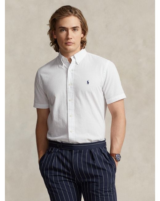 Ralph Lauren White Custom Fit Seersucker Shirt for men