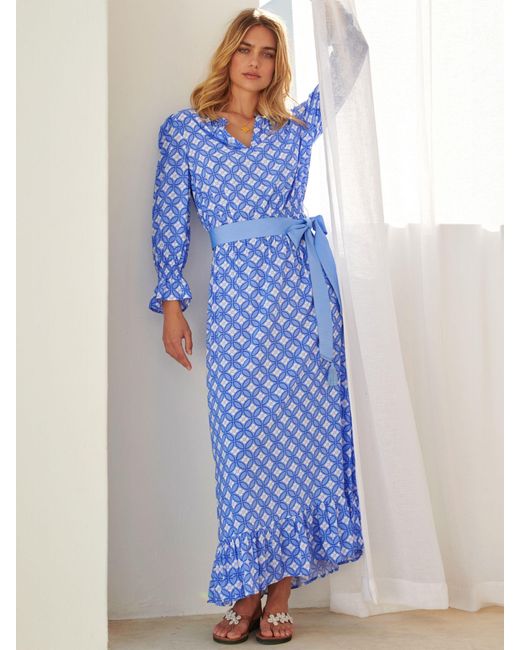 Aspiga Blue Maeve Geometric Print Contrast Belt Maxi Dress