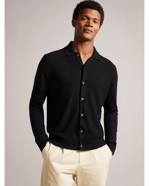 Ted Baker Black Oidar Long Sleee Revere Collar Knitted Shirt for men