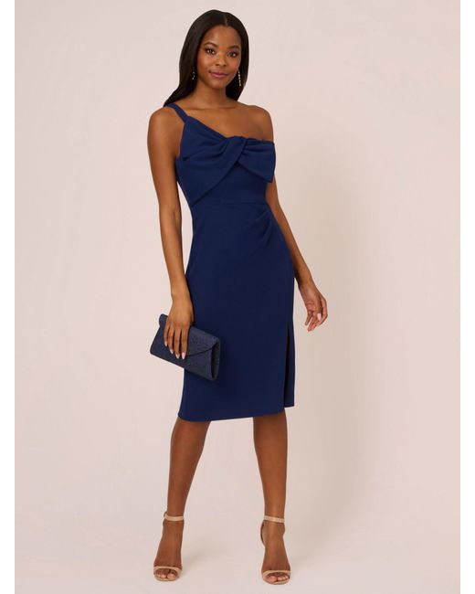 Adrianna Papell Blue Knit Crepe Bow Detail Dress