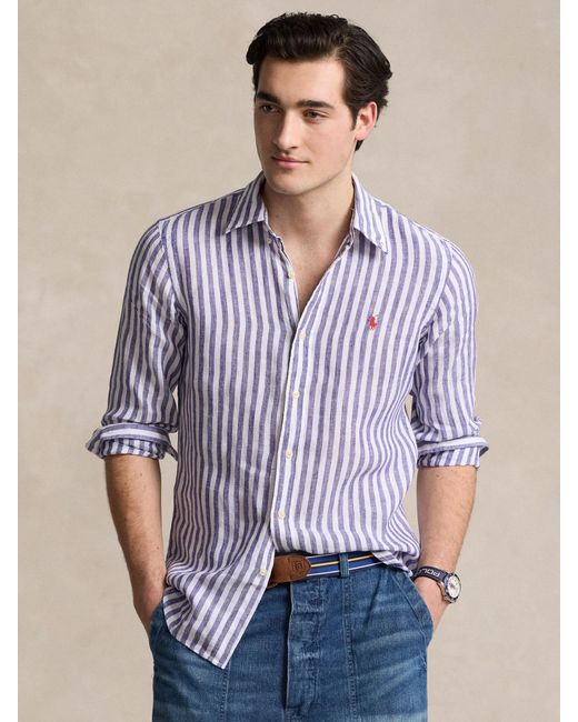 Ralph Lauren Purple Stripe Linen Long Sleeve Shirt for men