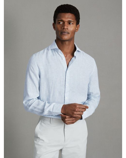 Reiss Gray Ruban - Soft Blue Fine Stripe Linen Button-through Shirt for men