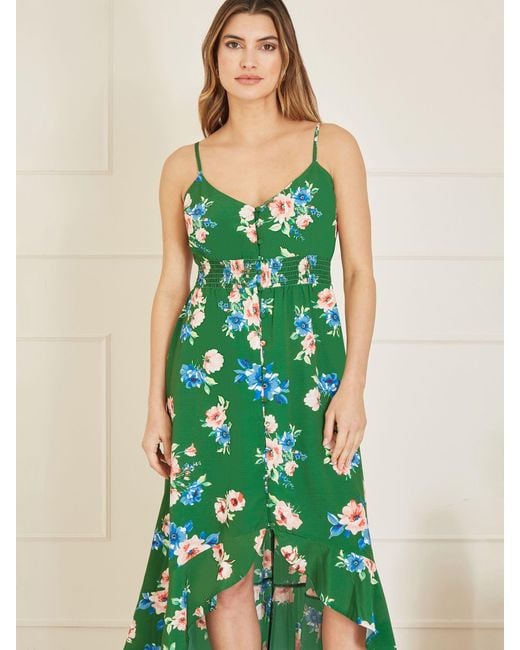 Yumi' Green Floral Print High Low Frill Hem Midi Dress