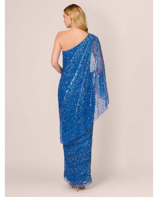 Adrianna Papell Blue One Shoulder Beaded Maxi Dress