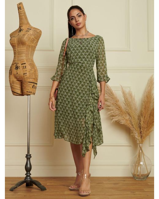Jolie Moi Green Floral Print Chiffon Midi Dress