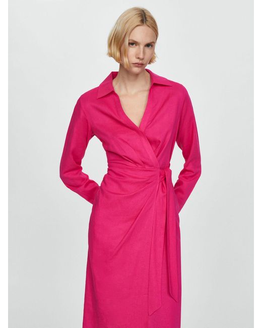 Mango Pink Carola Tie Detail Linen Blend Dress