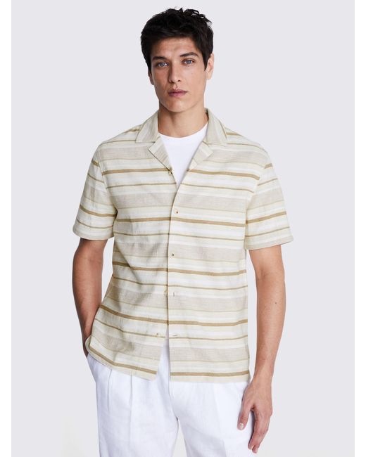 Moss Bros White Woven Stripe Cuban Collar Shirt for men