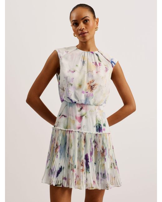 Ted Baker White Saintly Floral-print Sleeveless Woven Mini Dress