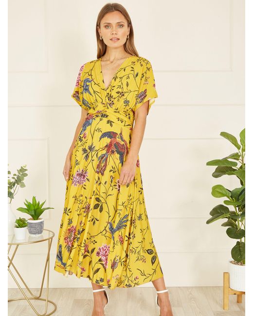 Yumi' Yellow Bird And Floral Midi Dress