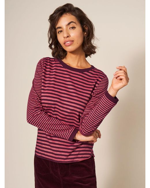 White Stuff Red Cassie Sparkle Stripe Long Sleeve Top