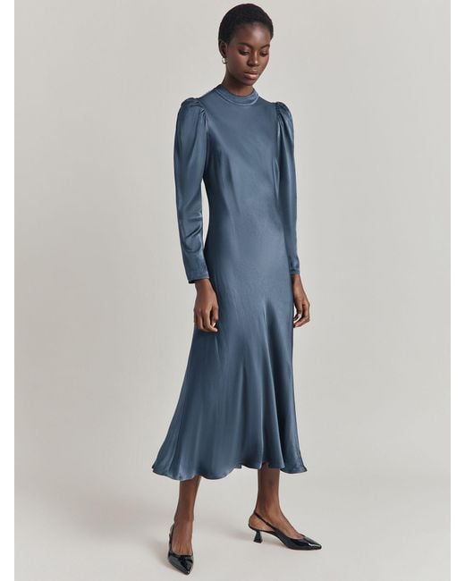 Ghost Blue Harper Puff Sleeve Satin Midi Dress