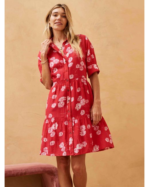 Brora Red Silk Cotton Blend Graphic Daisy Print Dress
