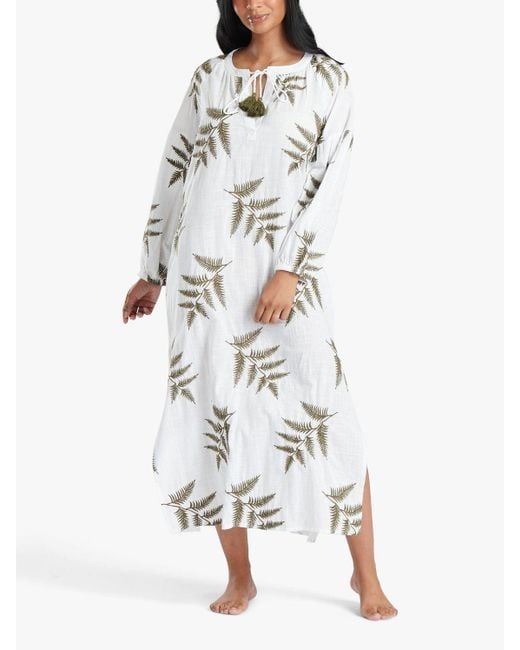 South Beach White Leaf Embroidery Beach Maxi Dress