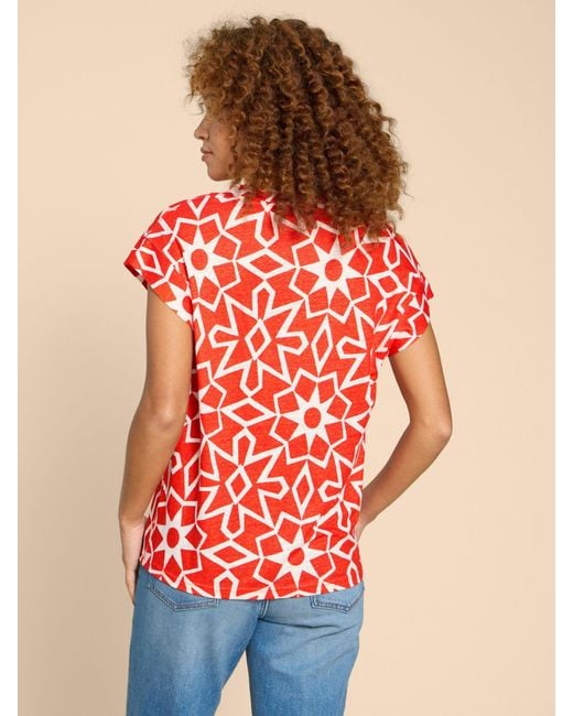 White Stuff Red Ivy Abstract Print Linen T-shirt