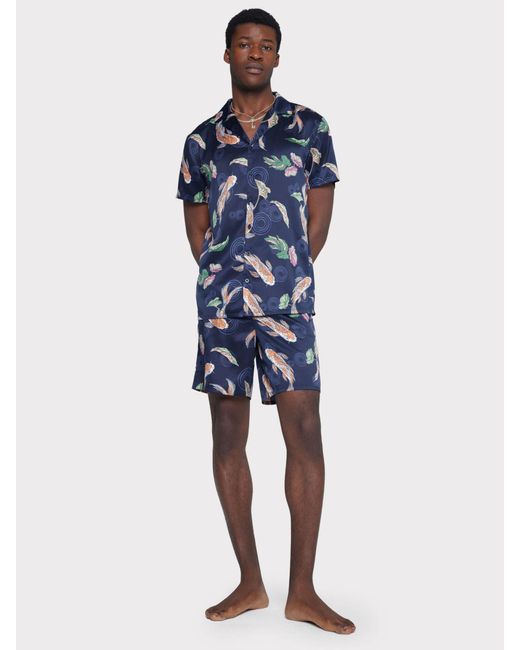 Chelsea Peers Blue Satin Koi Fish Print Short Pyjama Set for men