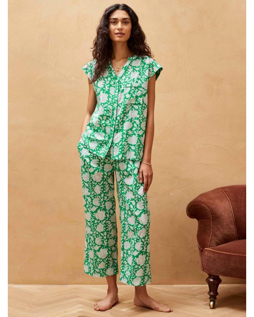 Brora Green Organic Cotton Floral Block Print Pyjamas