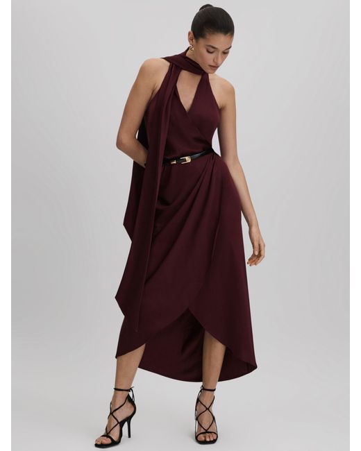 Reiss Purple Tayla Satin Wrap Halterneck Midi Dress